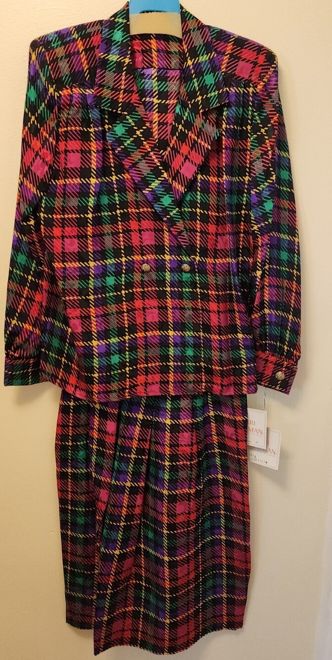 Vtg Jerri Sherman Print 100% Silk Blouse suit shirt skirt sz 10 Plaid blazer